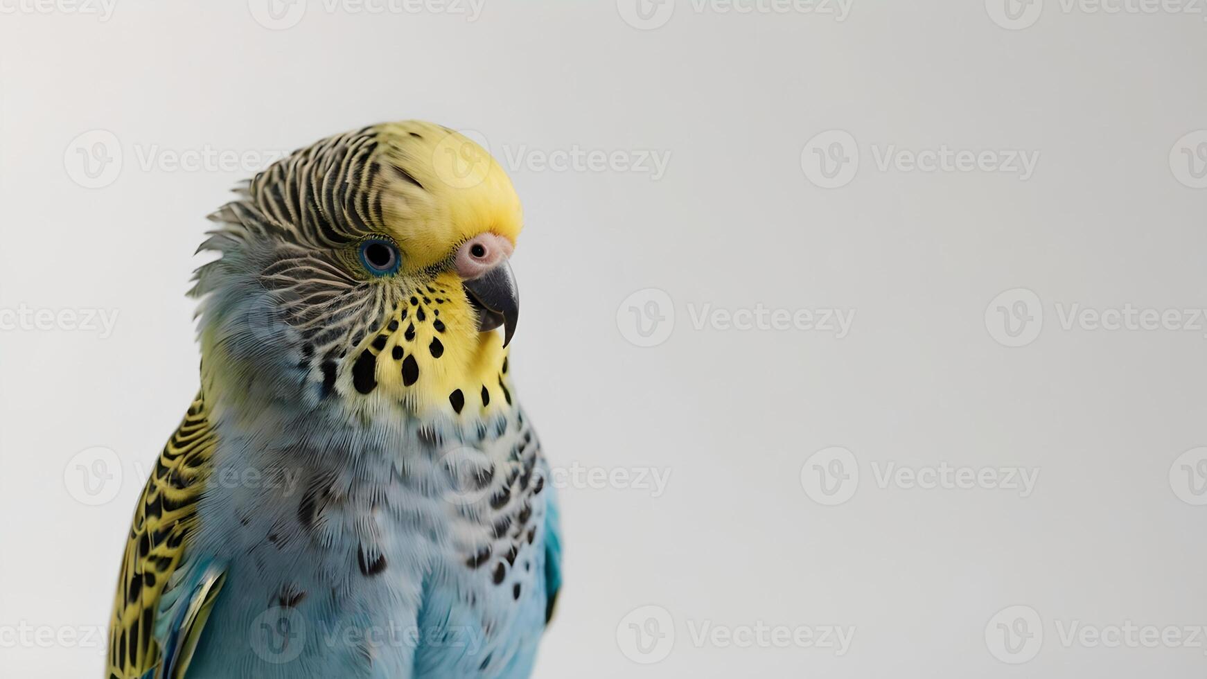 A Close Up Of A Budgerigar With Yellow And Blue Feathers On A White Background photo
