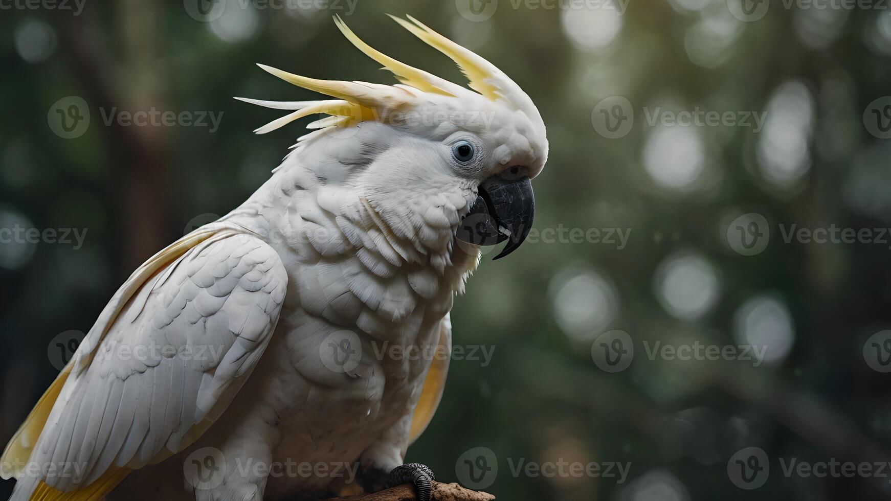 White Cockatoo with Yellow Crest Perched on a Branch in a Forest Setting photo