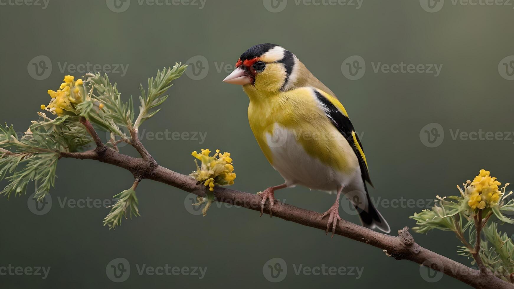 Elegant Goldfinch Perched On Branch With Yellow Flowers photo