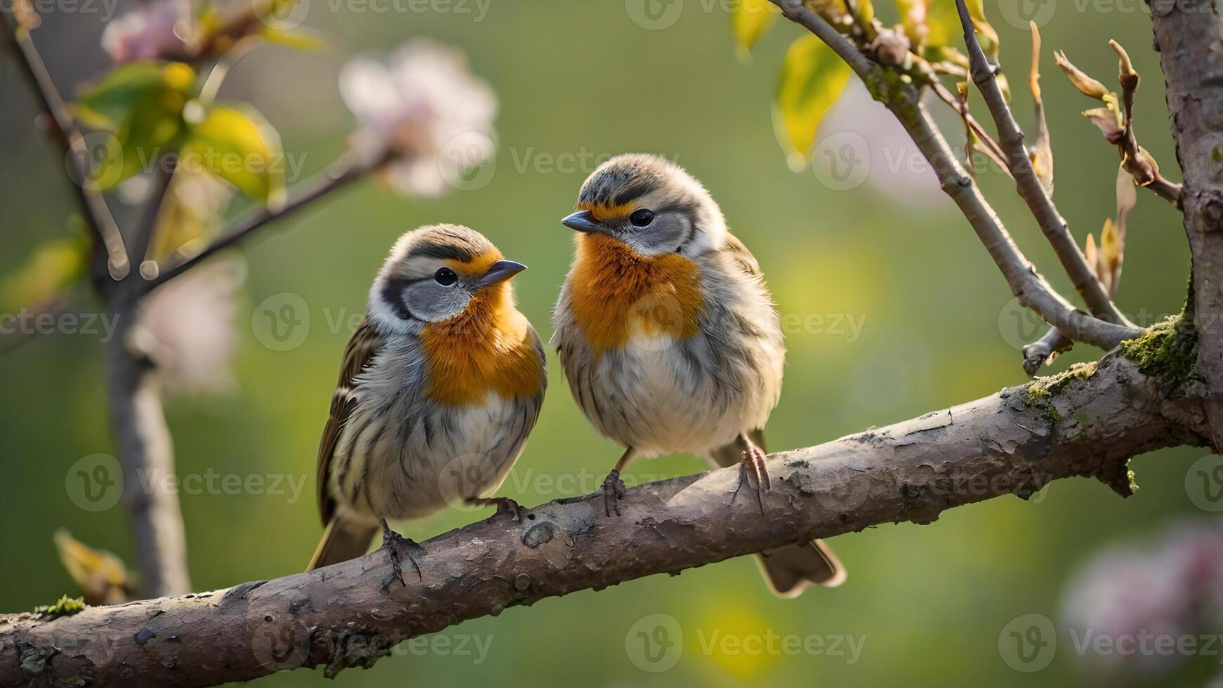 Two Small Birds Chirping on a Branch in a Spring Park photo