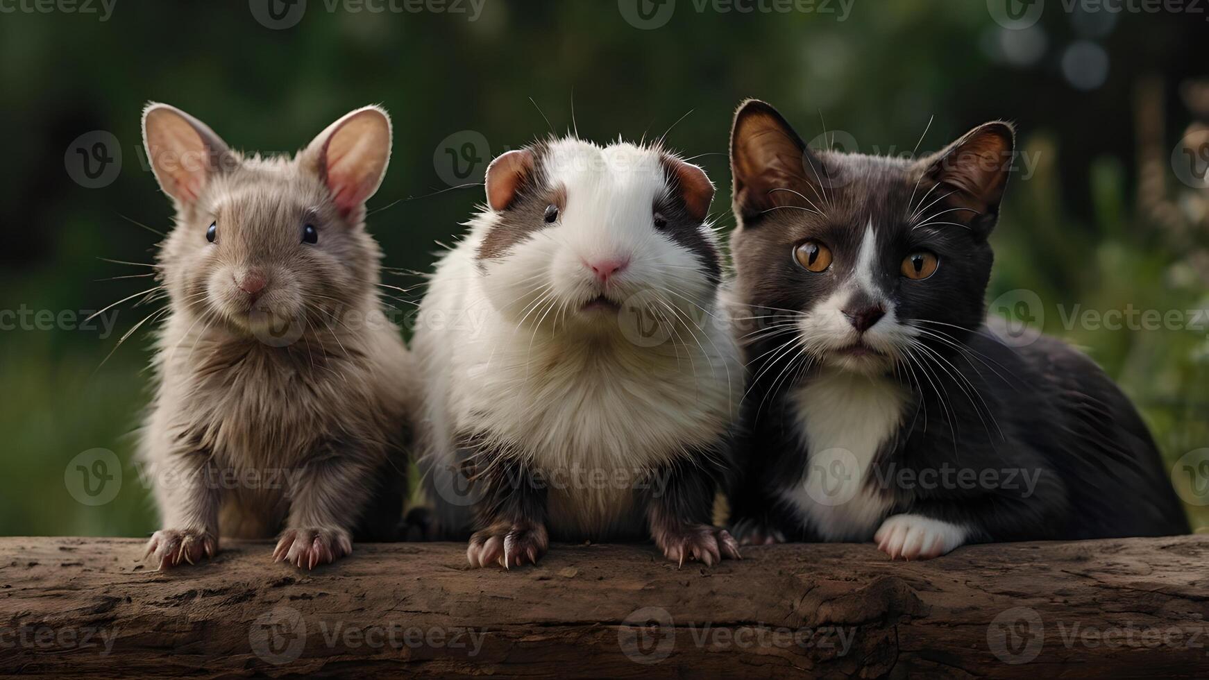 Cute Guinea Pig, Cat and Rabbit Posing Together on a Wooden Log photo