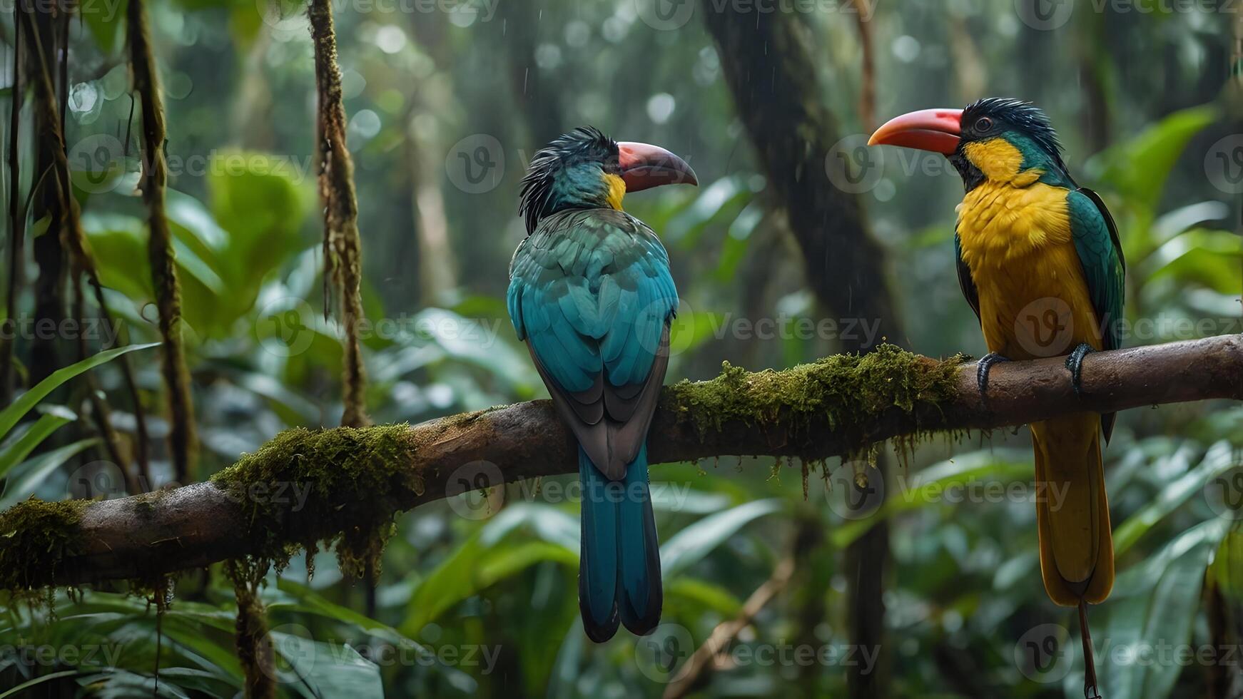 Two Vibrant Tropical Birds Perched on a Mossy Branch in a Lush Rainforest photo