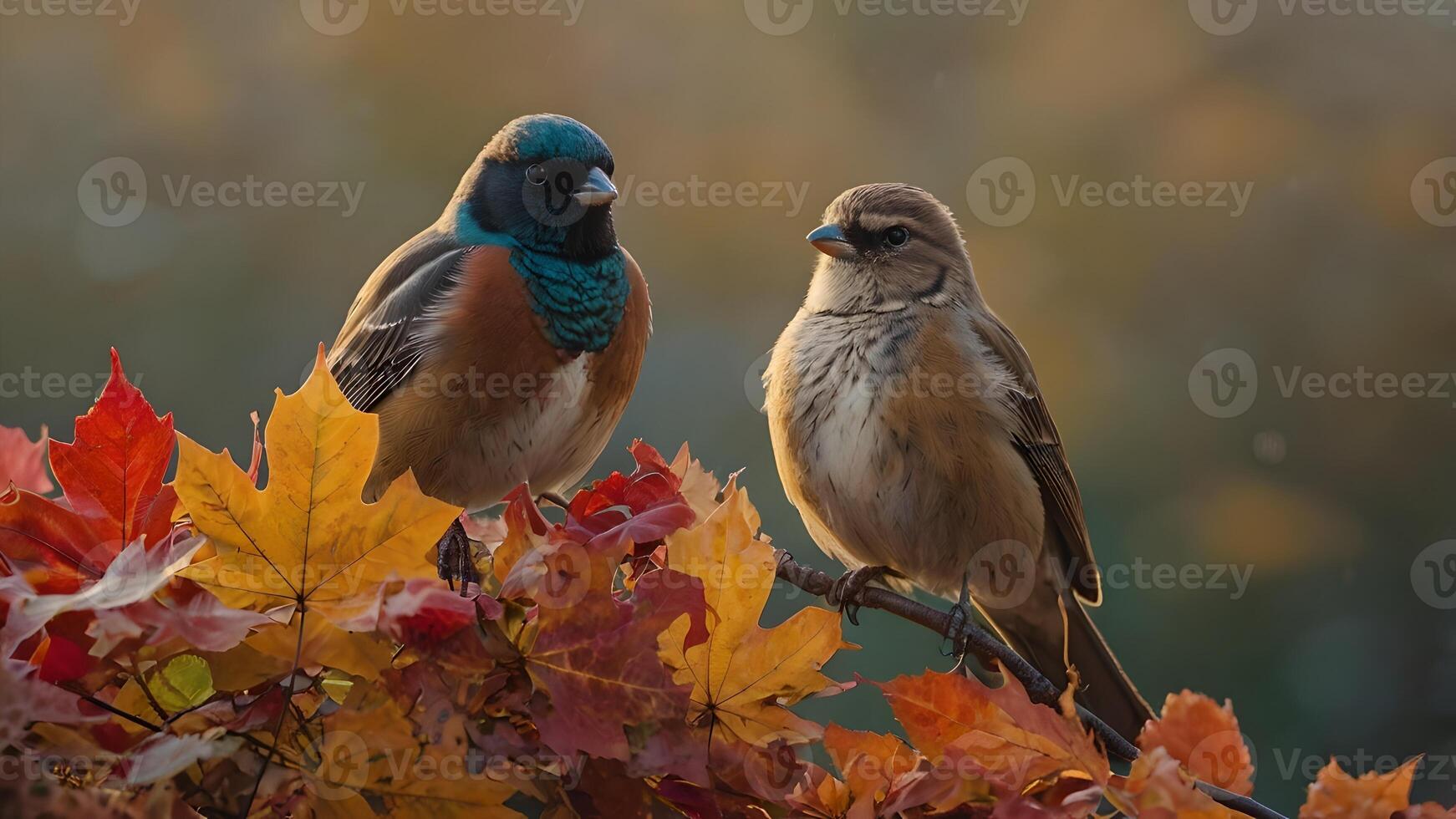Birds Perched on Colorful Autumn Leaves in Morning Light photo