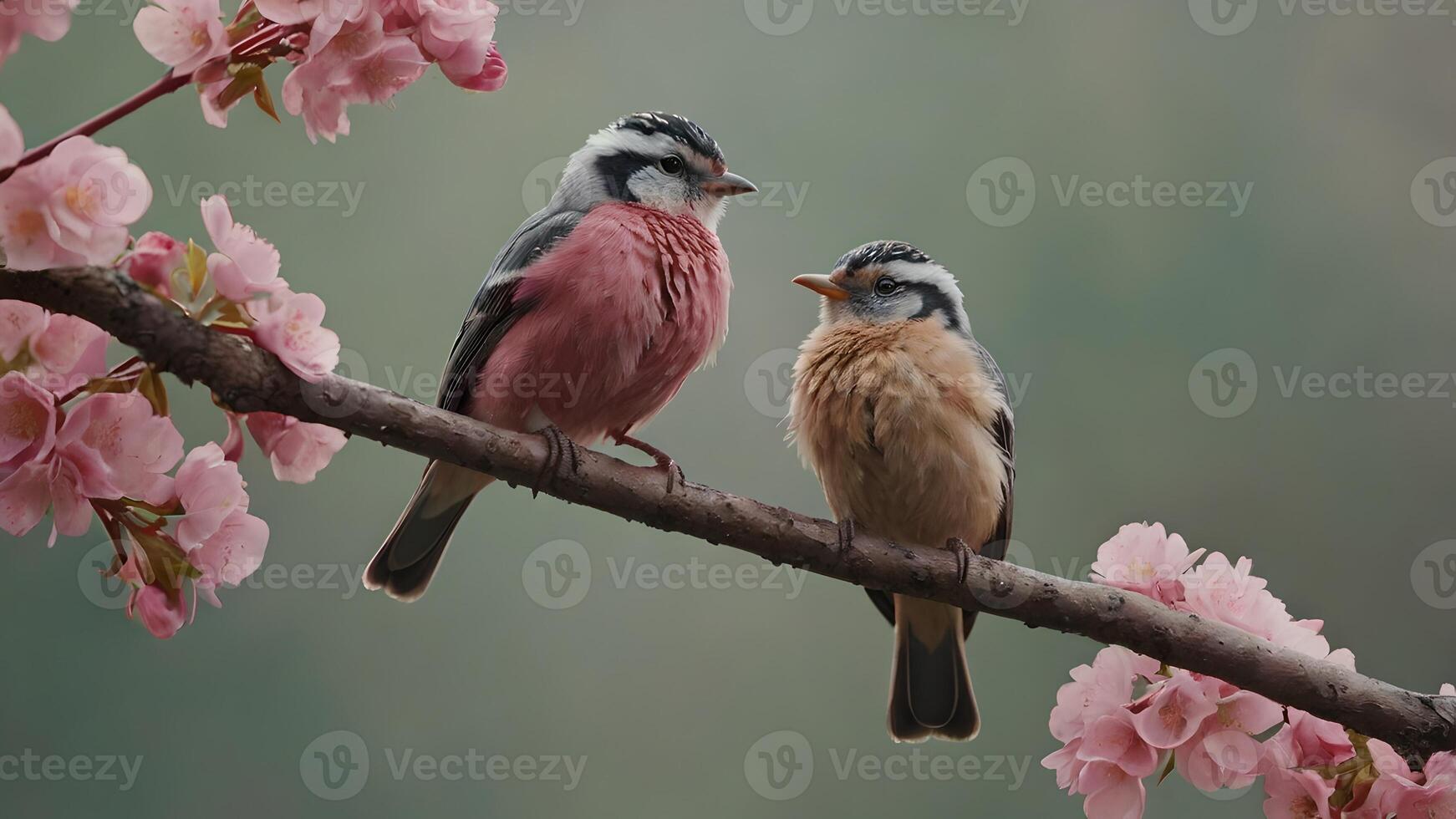 Two Birds Perched on a Branch of Pink Cherry Blossoms photo