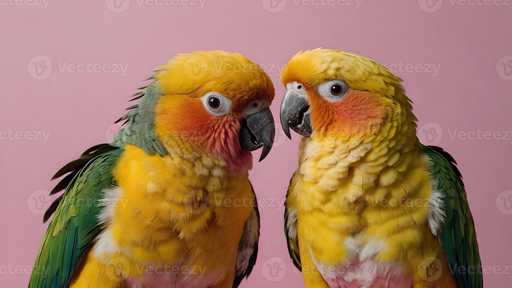 Two Caique Parrots Show Affection on a Pink Background photo