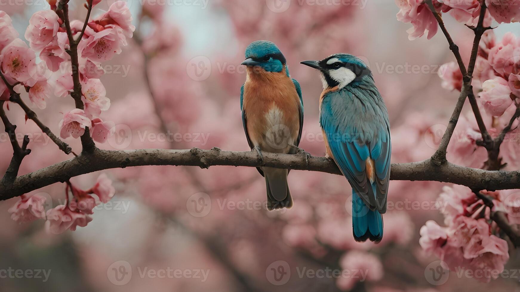 Two Birds Perched on a Pink Cherry Blossom Branch photo
