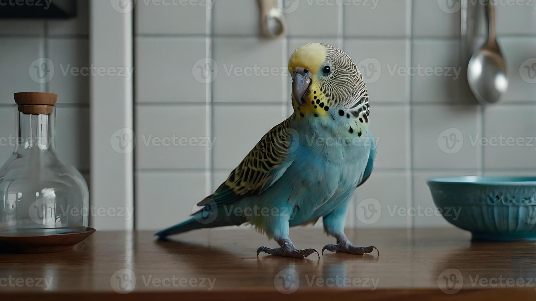 Blue Budgerigar Perched on Kitchen Countertop photo