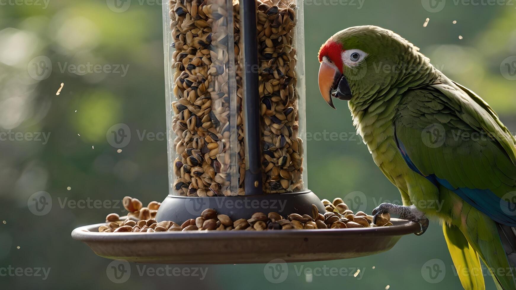 Green Parrot Enjoying Seeds From Bird Feeder photo