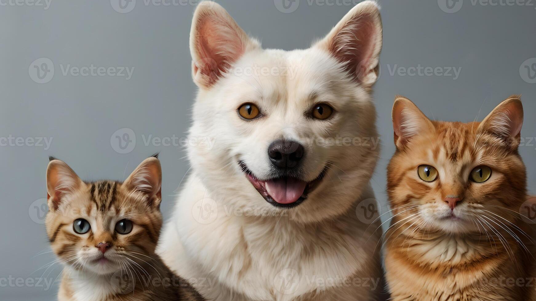 Adorable White Dog with Three Cats, One Orange, One Tabby, One Brown Tabby photo
