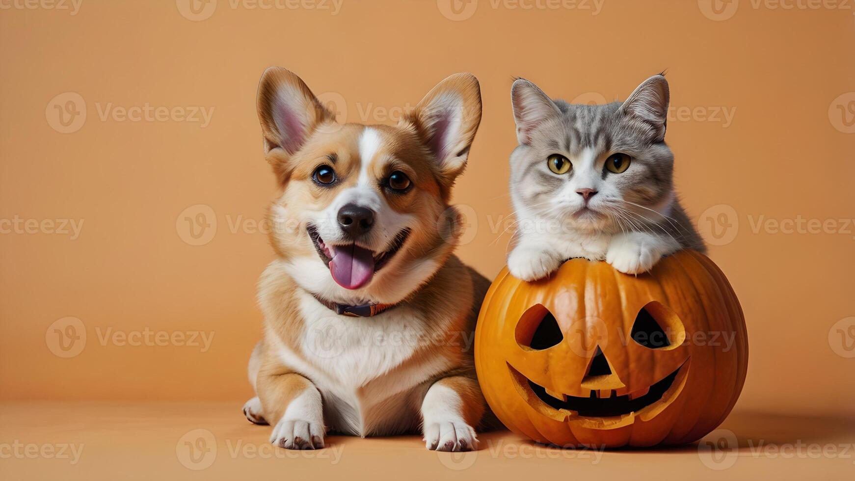Corgi Dog and Scottish Fold Cat Posing with Jack O Lantern Pumpkin on Orange Background photo