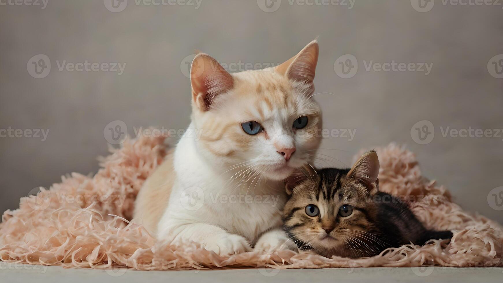 Adorable Fluffy Cat and Kitten Resting on a Soft Pink Blanket photo