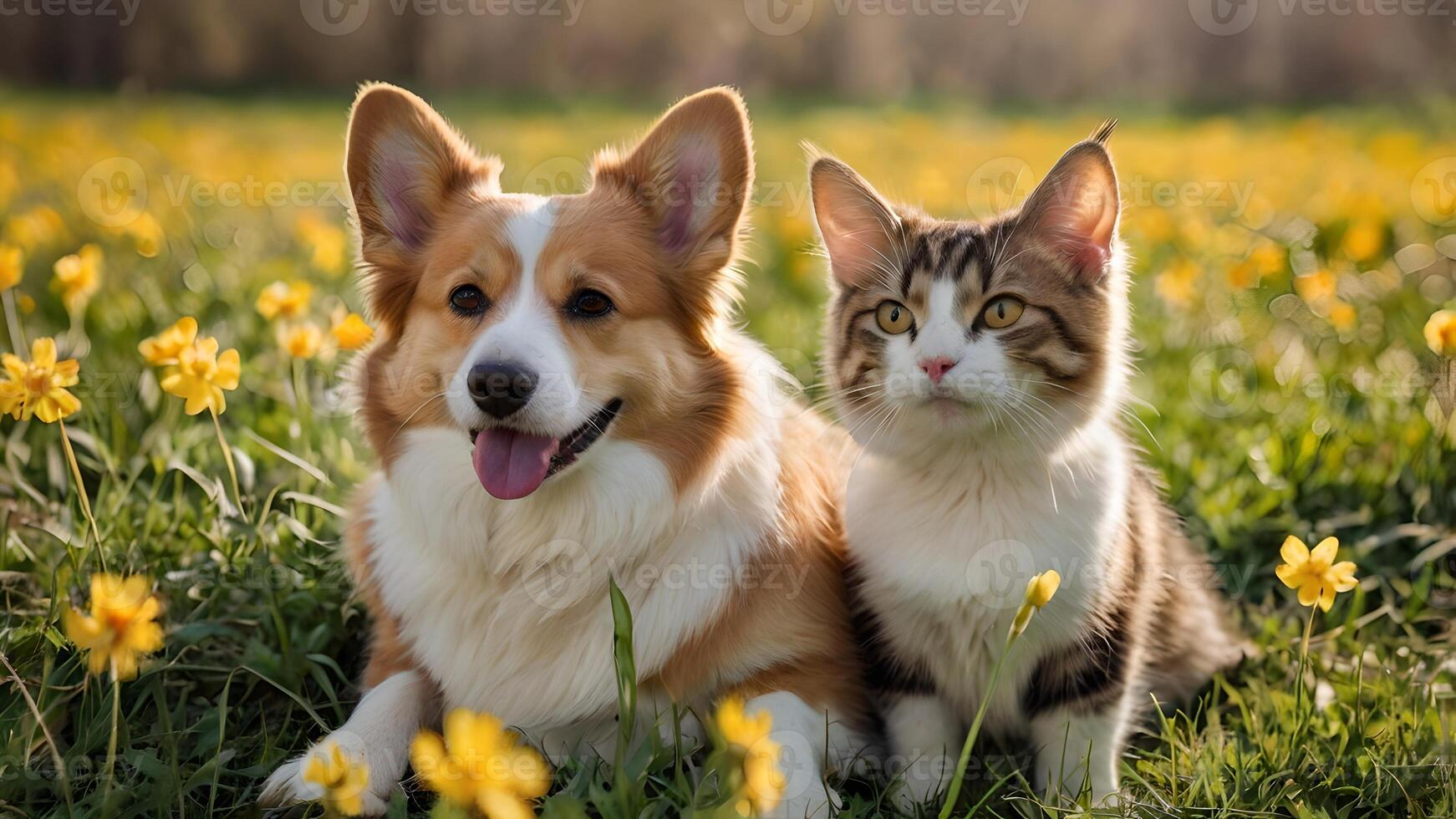Corgi Dog and Tabby Cat Friends Enjoying Sunny Spring Meadow photo