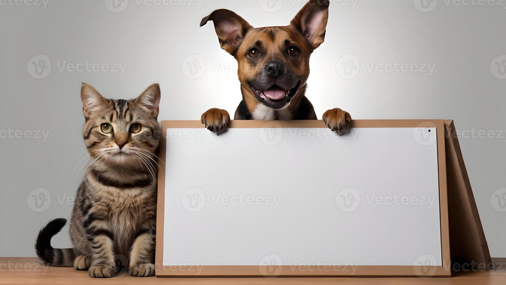 Dog and Cat Posing with Blank Whiteboard for Announcement photo