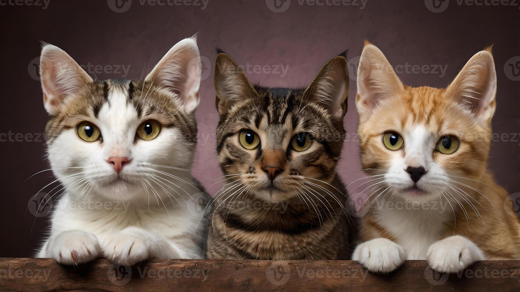 Three Adorable Cats Peeking Over a Wooden Plank photo