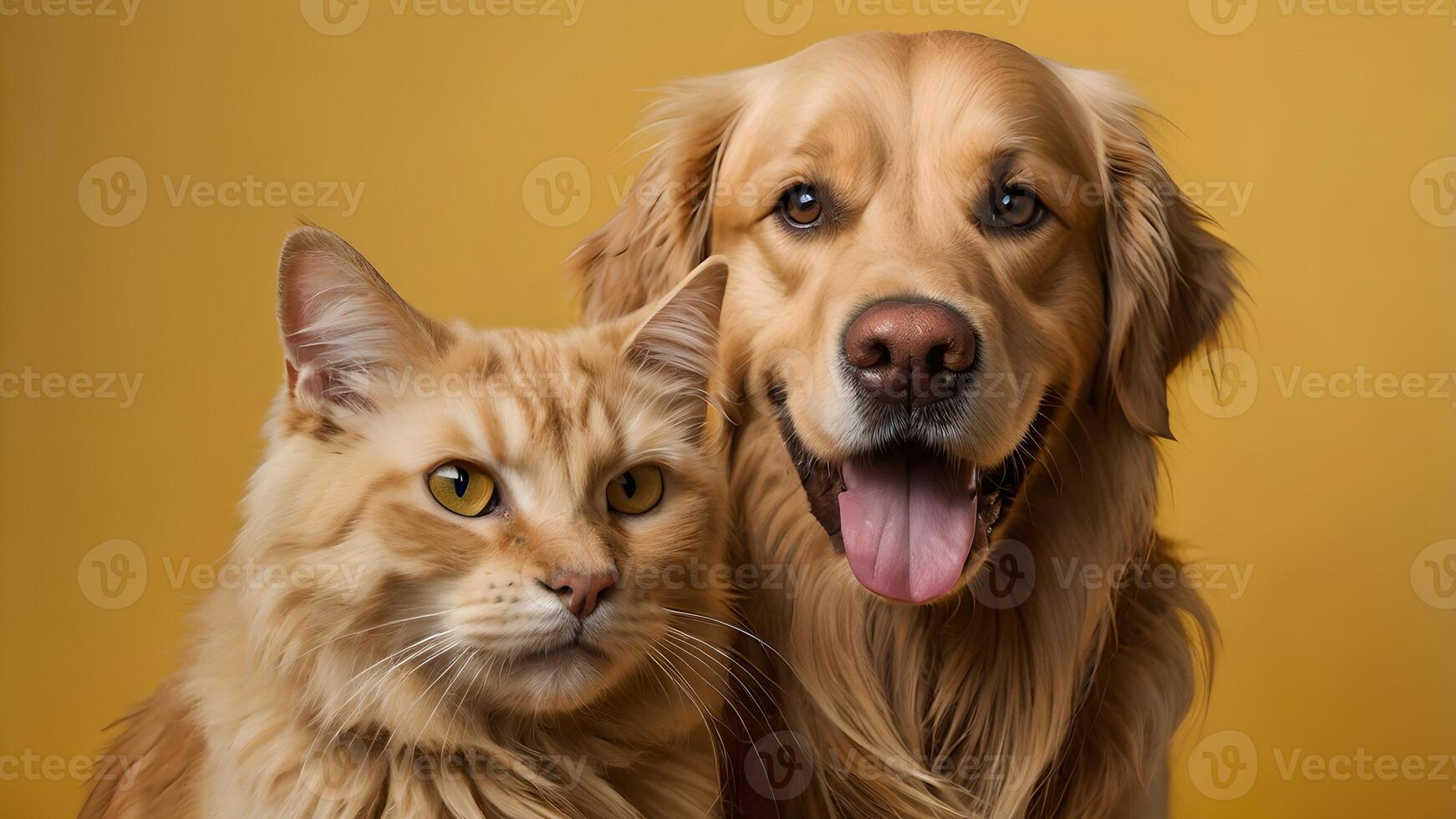 Golden Retriever and Cat Friends Pose Together on Yellow Background photo