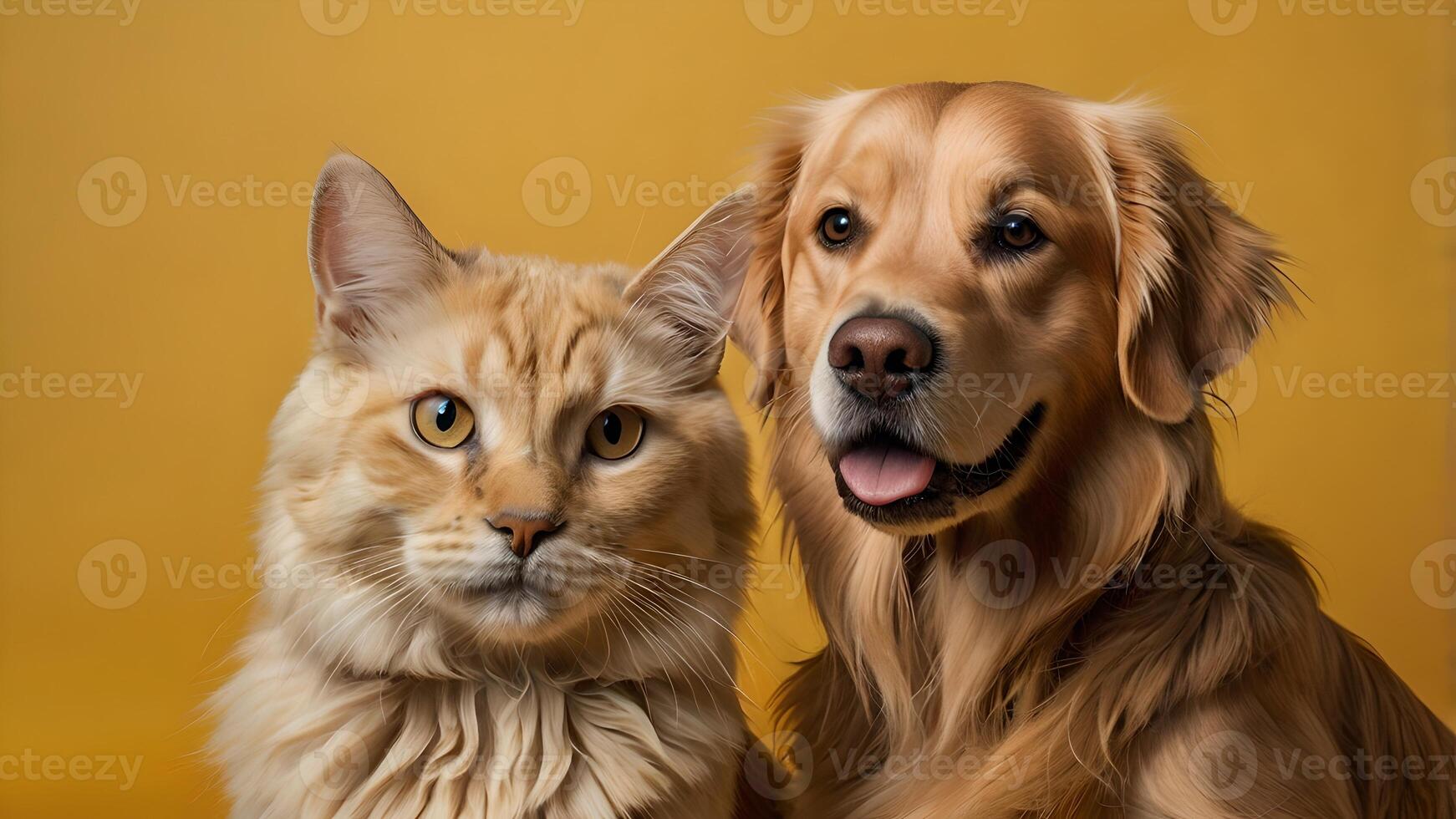 Adorable Golden Retriever Dog and Ginger Cat Posing Together on a Yellow Background photo