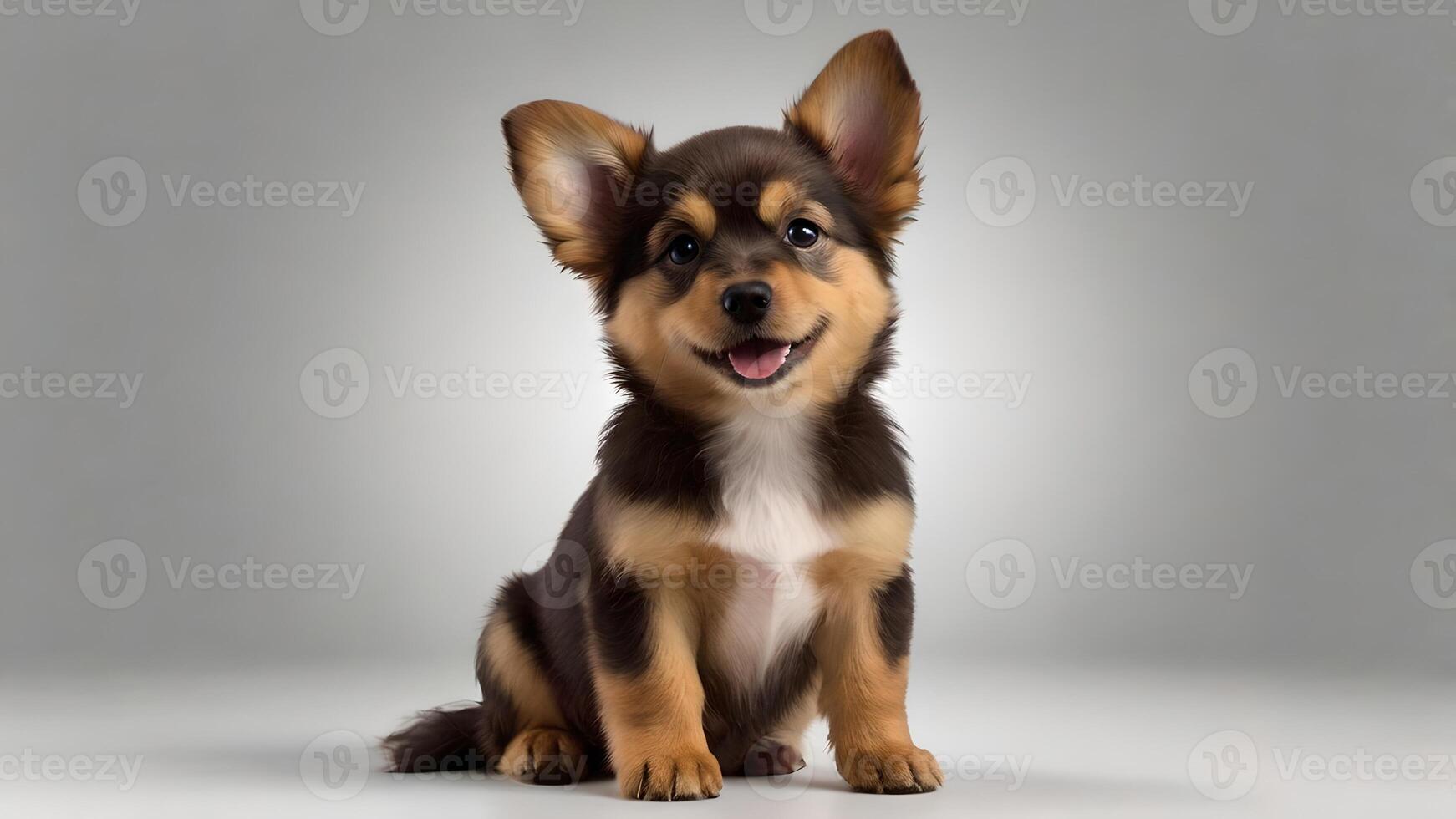 Adorable Brown and White Puppy Sitting on a Grey Background photo