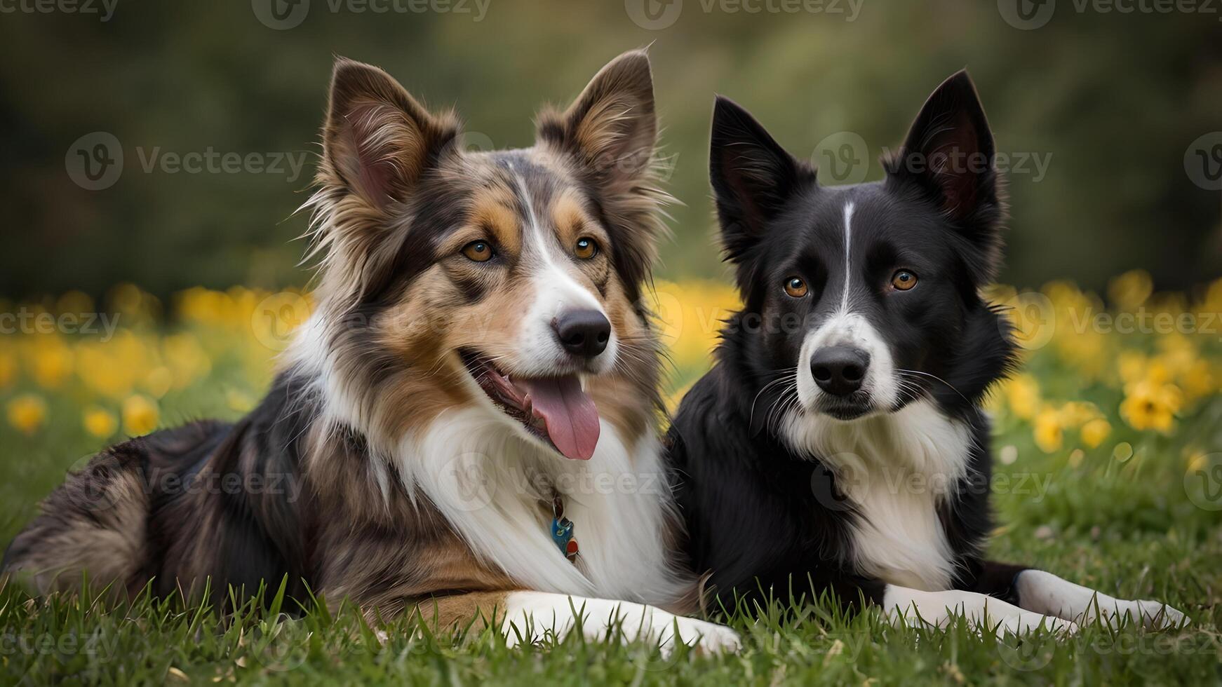 Tabby Cat and Border Collie Dog Relaxing in a Field of Yellow Flowers photo