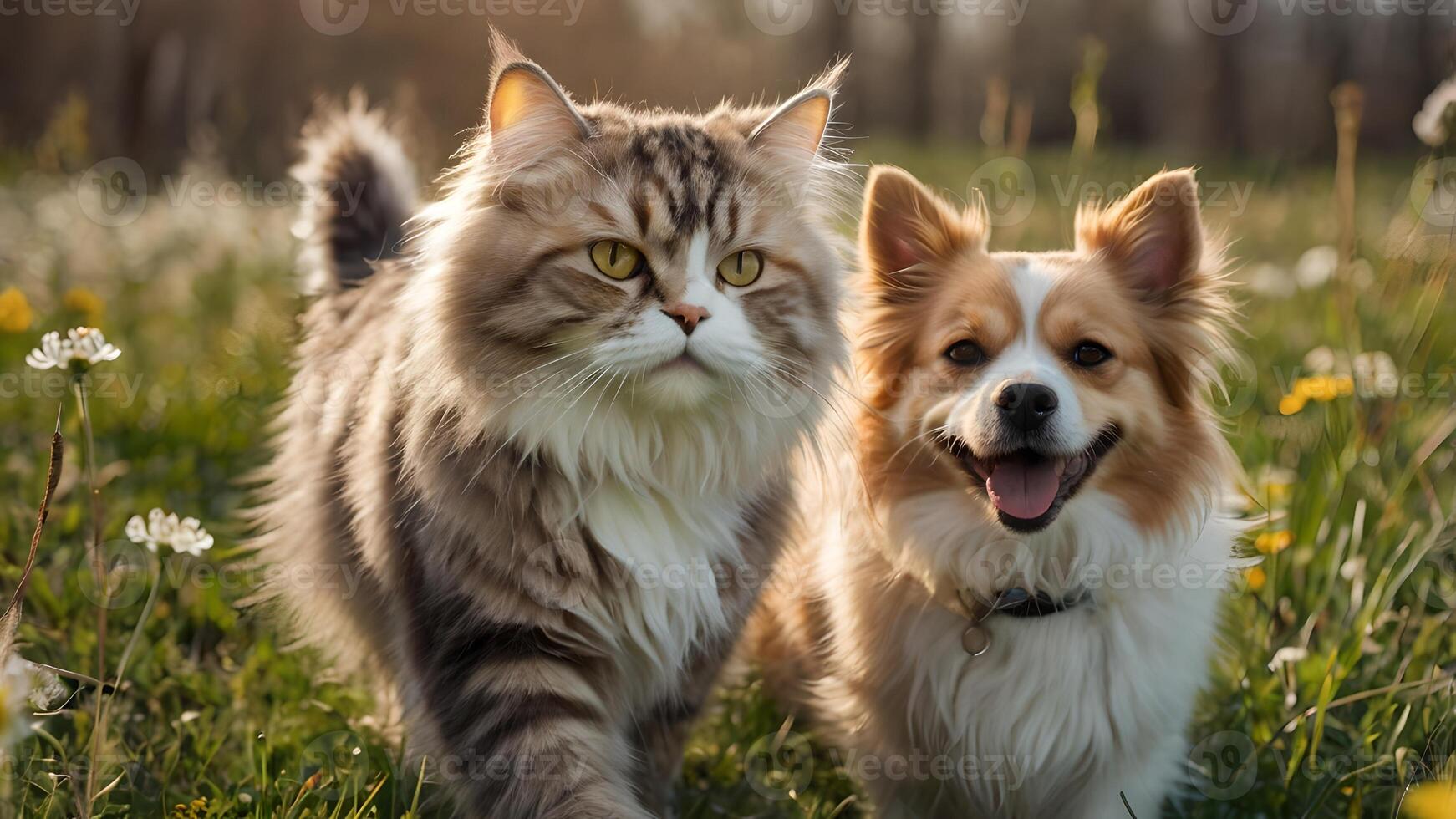 A Fluffy Cat and Cheerful Dog Enjoy a Sunny Spring Stroll Through a Meadow photo