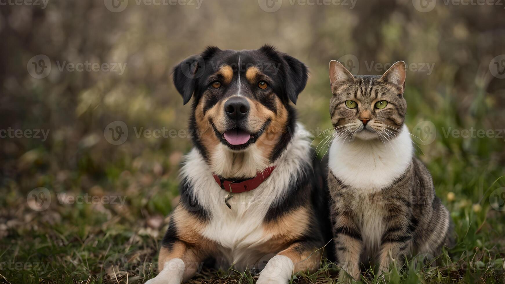 Adorable Cat and Dog Best Friends Posing in Nature photo