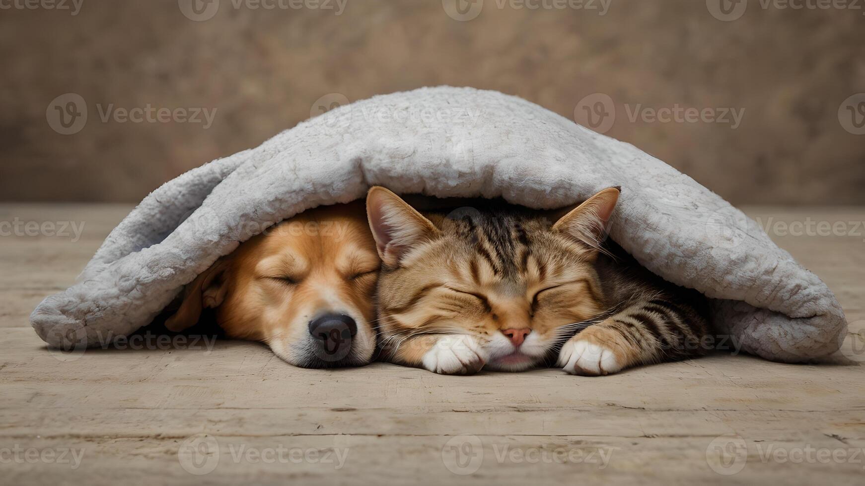 Adorable Dog and Cat Snuggling Under Blanket photo