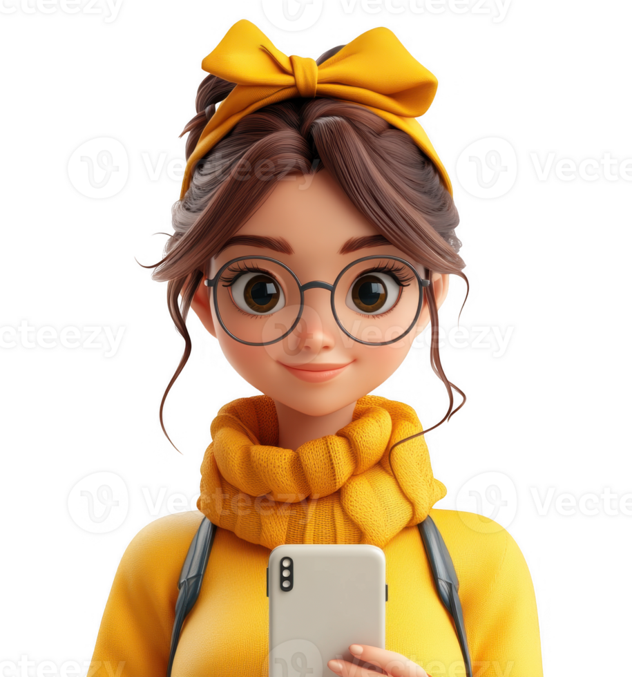 3D icon stylish smiling woman with glasses and phone, avatar hipster character, people close up portrait on isolated on transparent background png