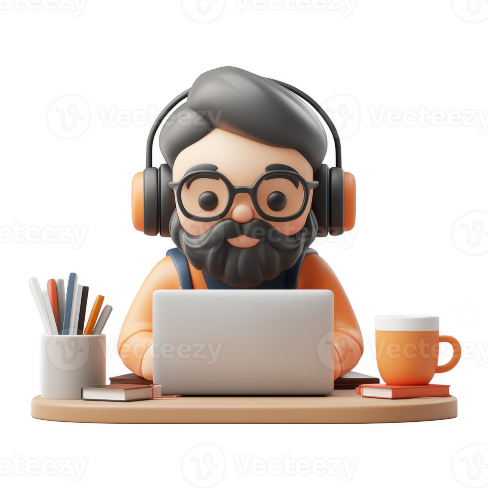 3d icon Smiling freelancer working from home, using laptop and wearing headphones in character with transparent background png