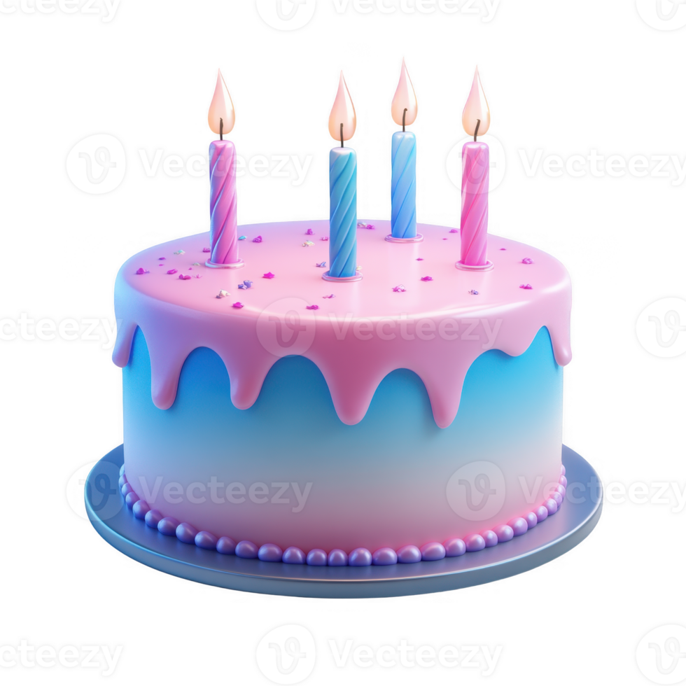 Stunning 3d icon birthday cake with a glowing pink candle and oozing blue icing on a clear backdrop, ideal for themed designs png