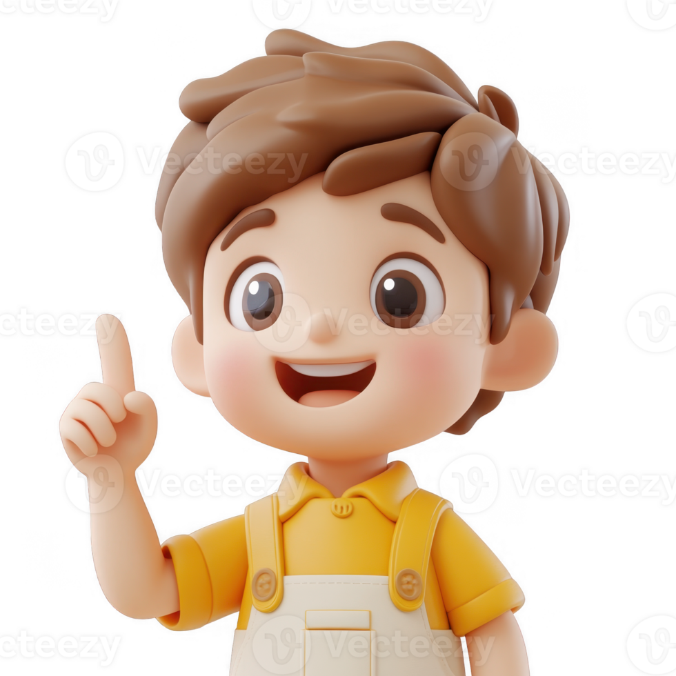 3d icon cartoon boy with red hair and blue overalls pointing up with his index finger, isolated on transparent background png