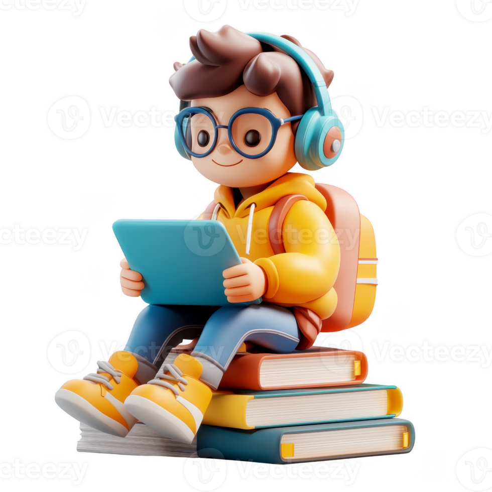 3d icon man of a happy student with a tablet and headphones sitting on books, against a transparent background png