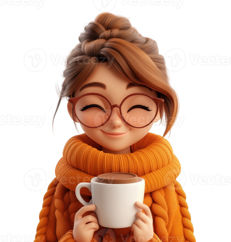 3d icon Happy woman in an orange sweater and glasses savoring a cup of hot chocolate coffee against a transparent background png