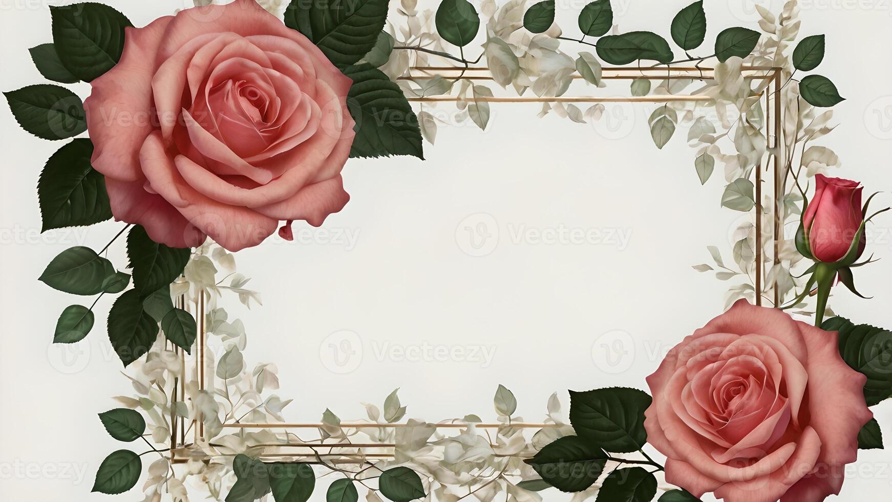 Elegant Pink Rose Floral Frame with White Flowers and Green Leaves photo