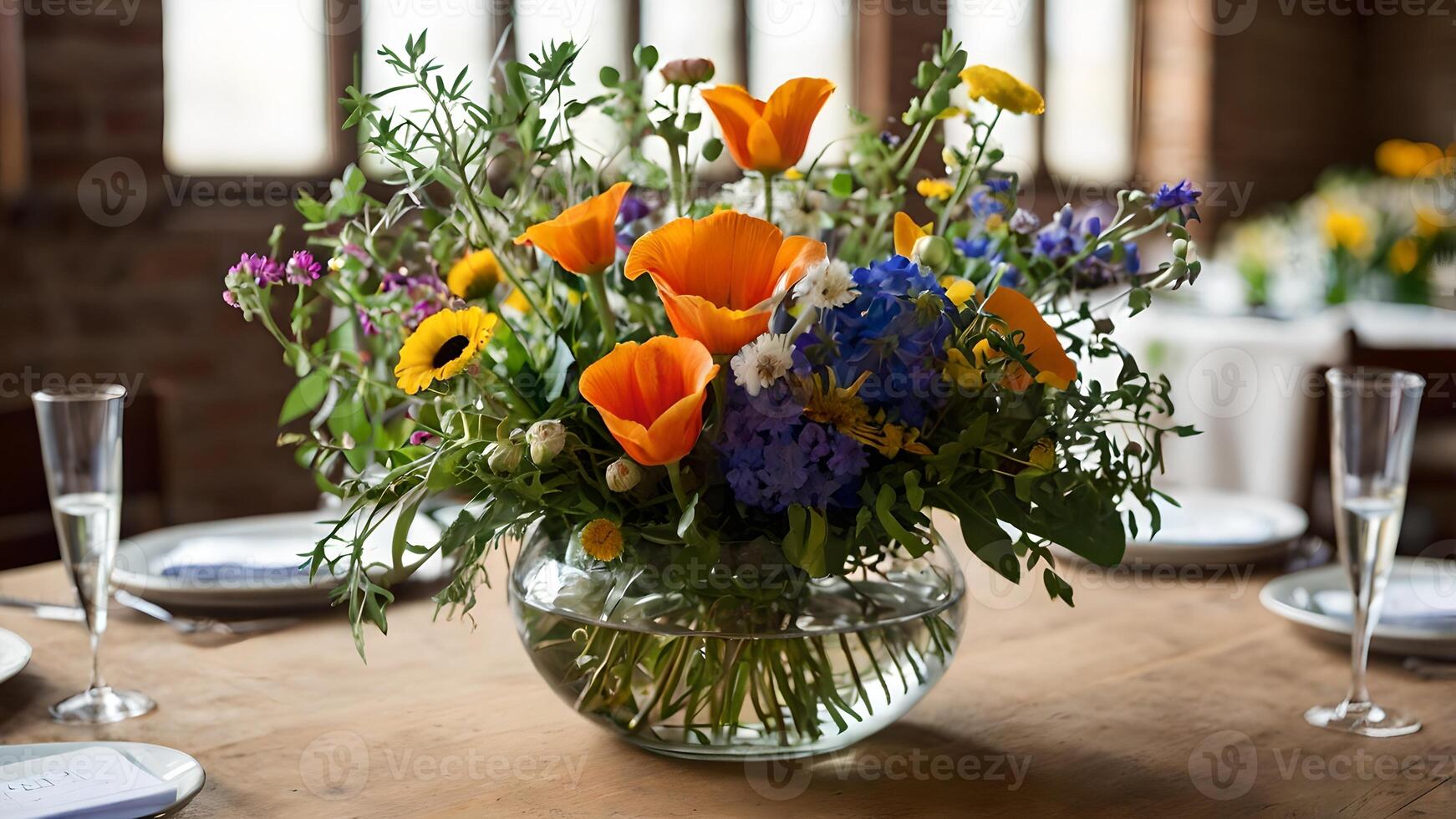 Vibrant Wildflower Centerpiece on Rustic Wooden Table photo