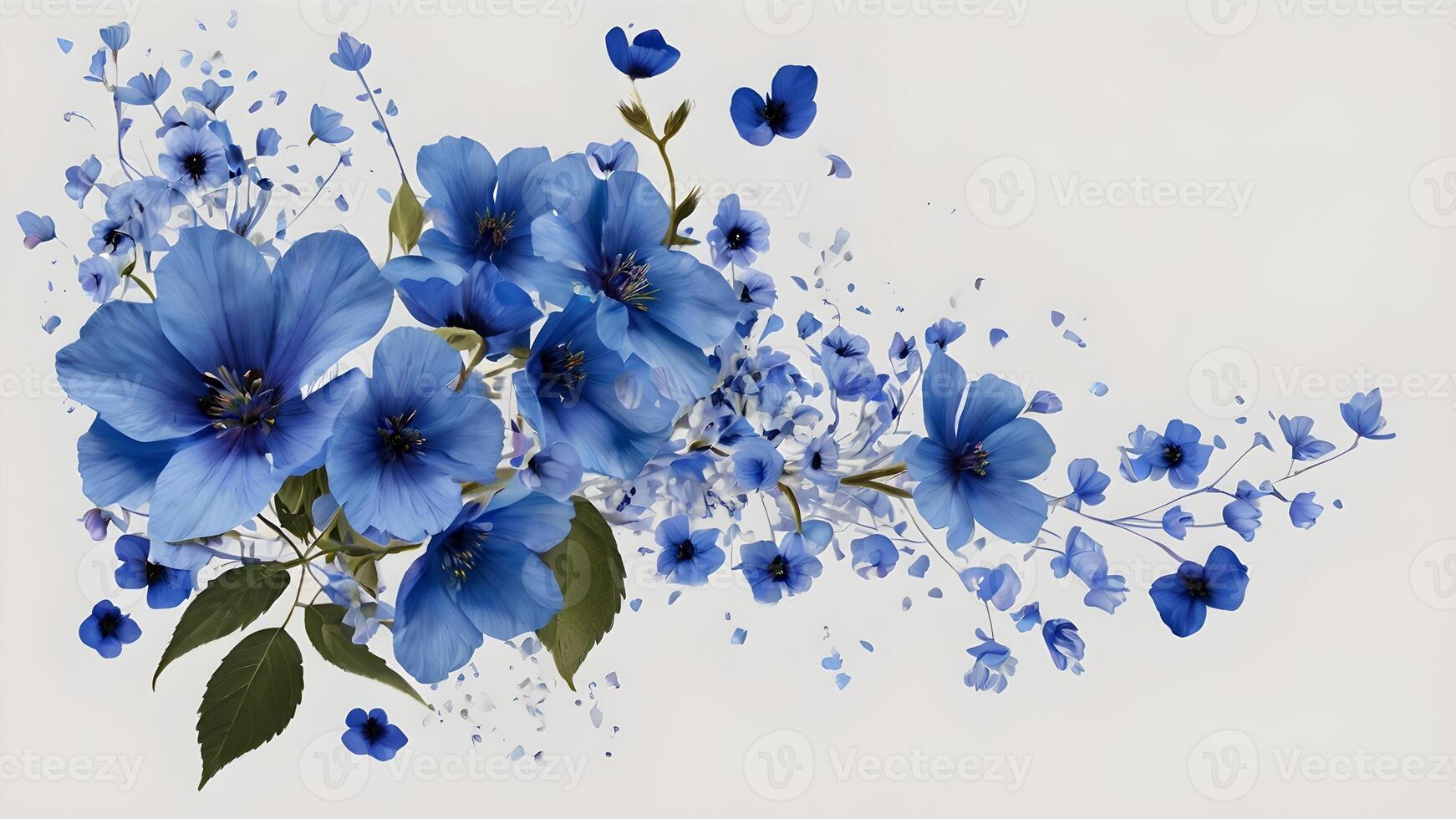 Blue Flowers Exploding in Air, Elegant Floral Design photo