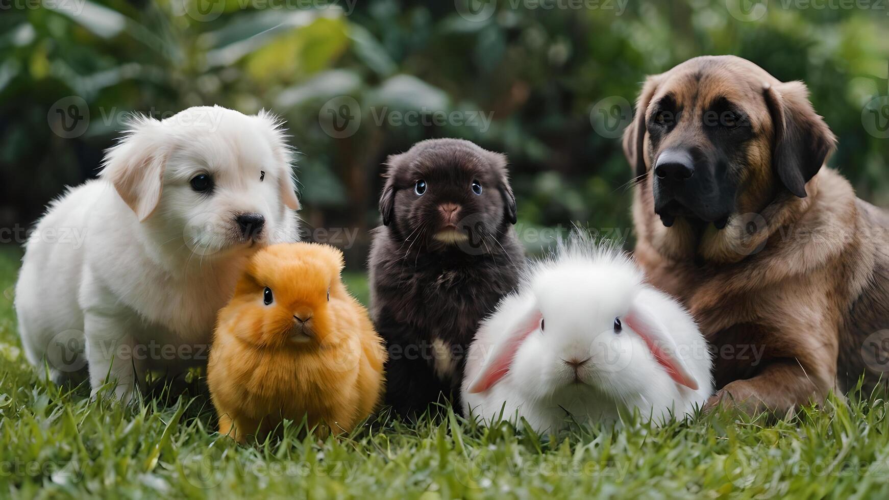Adorable Pets Posing Together in a Lush Green Grassy Meadow photo