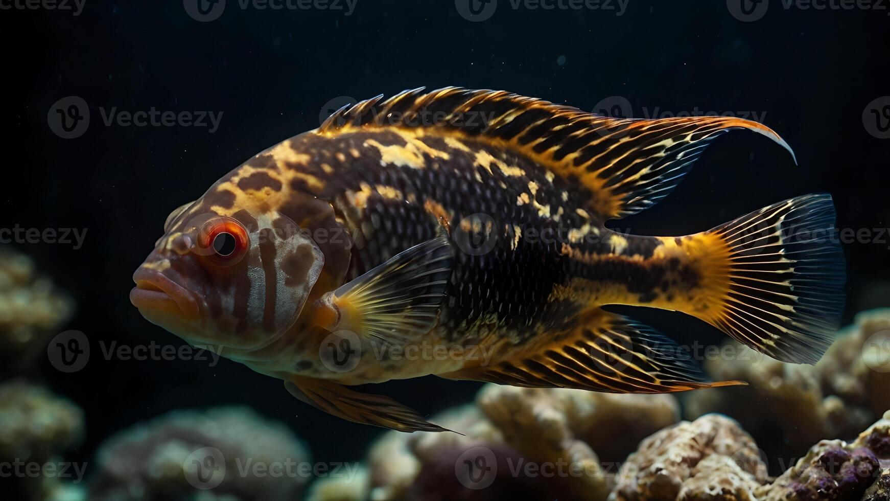 Astronotus Ocellatus Oscar Cichlid with Striking Pattern and Orange Eye photo