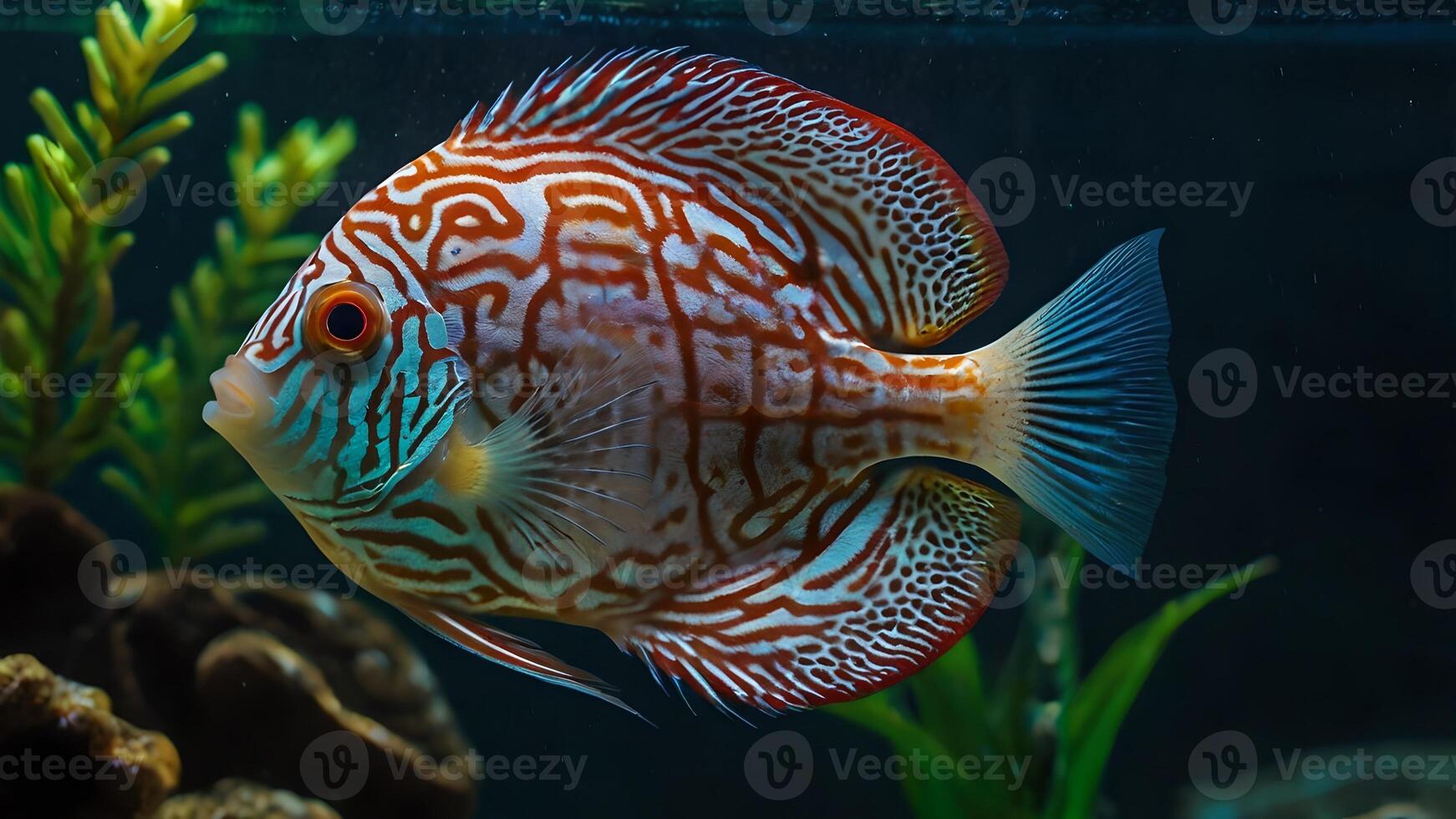 Vibrant Discus Fish with Intricate Patterns in an Aquarium photo