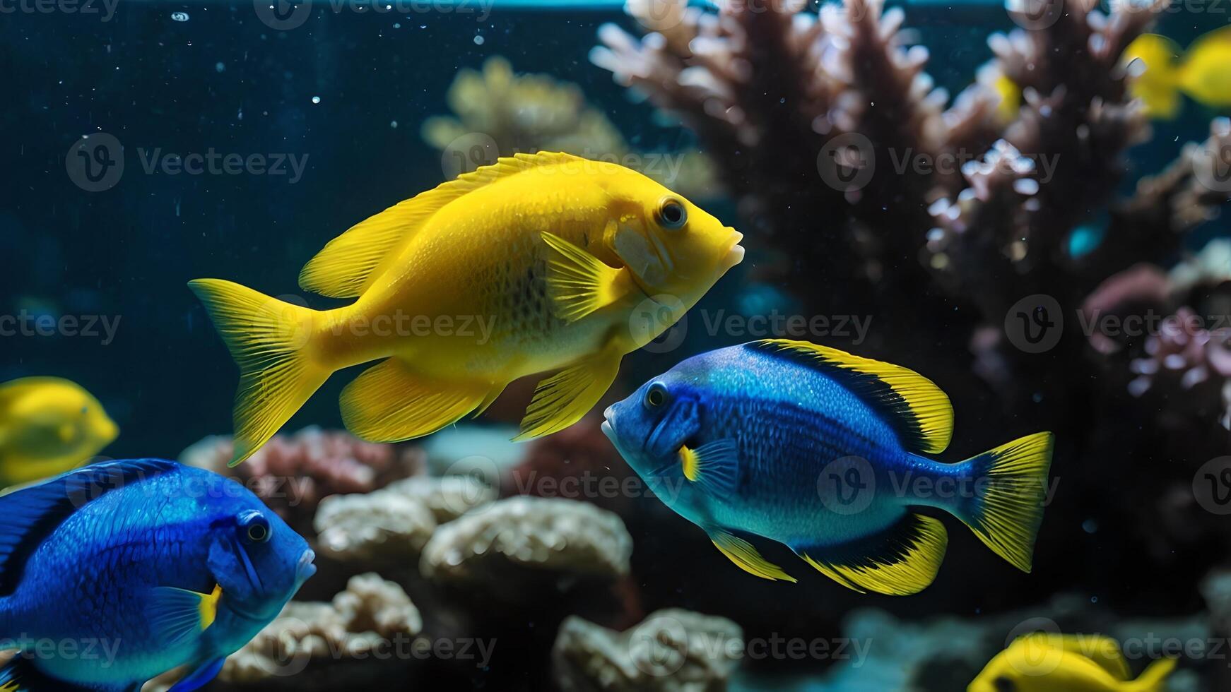 Vibrant Yellow and Blue Fish Gracefully Glide Through a Lush Aquarium photo