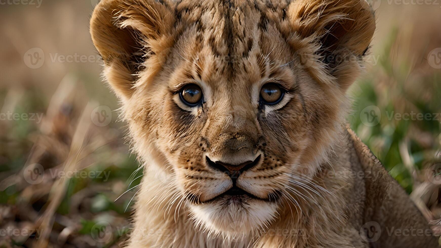 Adorable Lion Cub Close Up Portrait in Grassland photo
