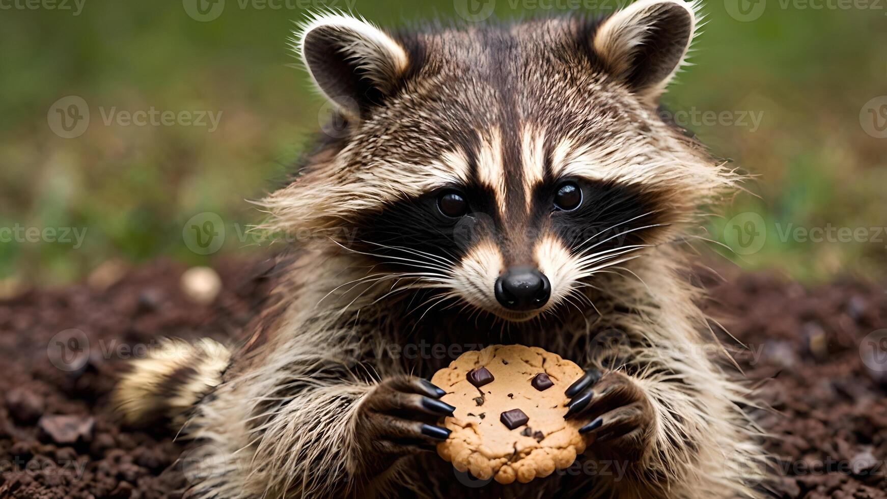 Adorable Raccoon Enjoying Chocolate Chip Cookie Outdoors photo