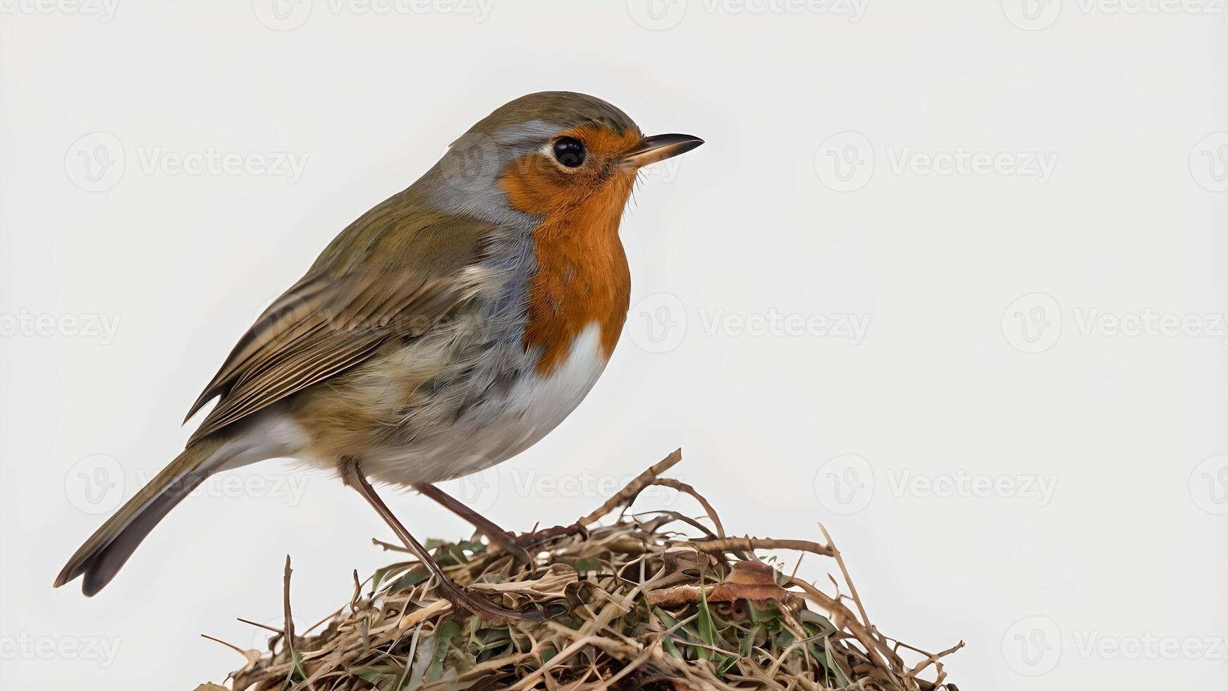European Robin Perched on a Branch in a Forest photo