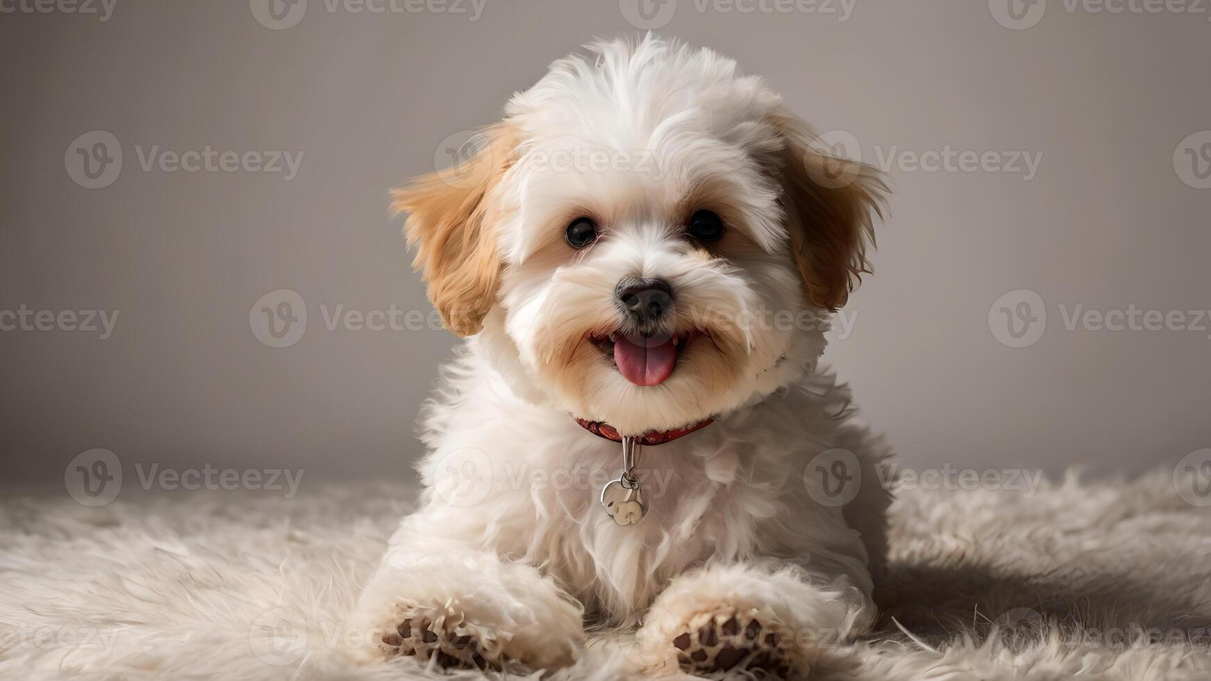 Adorable Smiling Maltipoo Puppy on Fluffy Rug photo