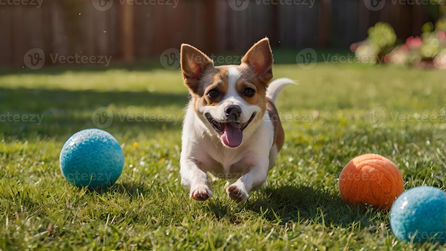 Happy Dog Playing Fetch in Sunny Backyard photo