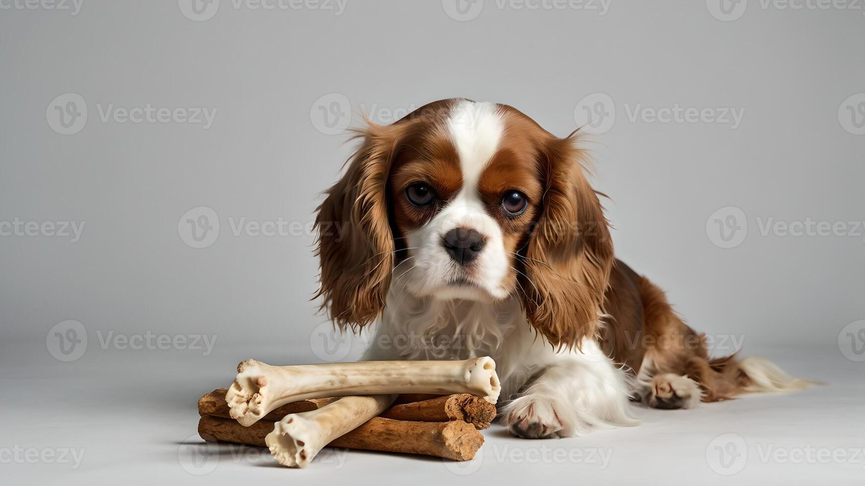 Cavalier King Charles Spaniel Puppy with Bone Treat on Gray Background photo