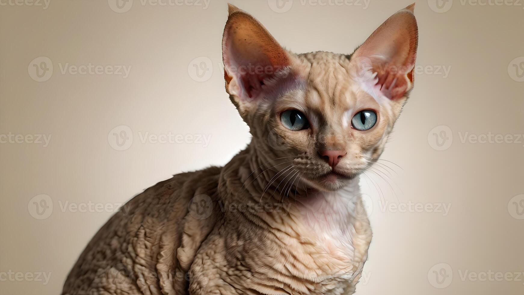 Adorable Devon Rex Kitten Posing Against Soft Beige Background photo