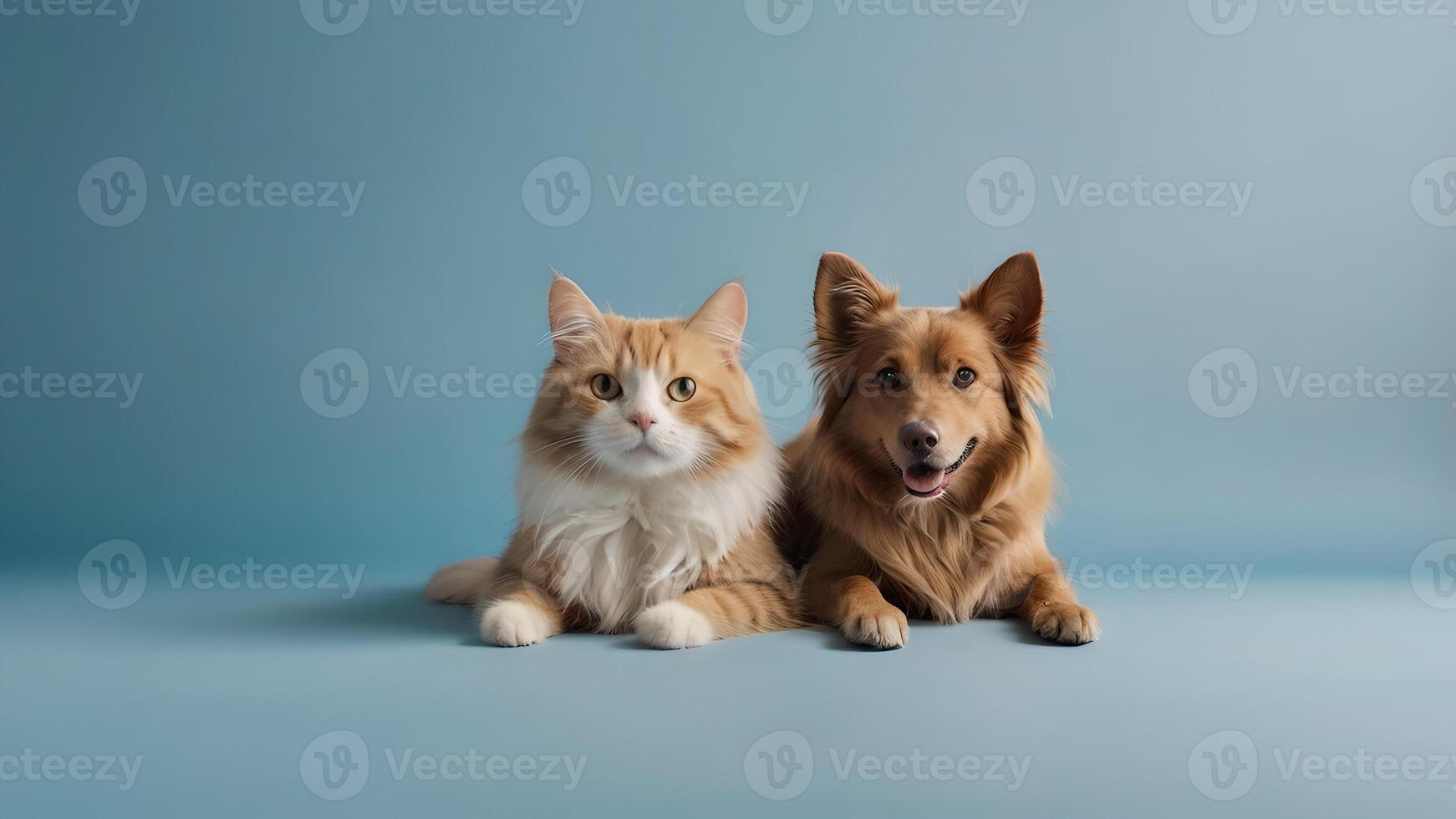 Fluffy Cat and Dog Posing Together on Blue Background photo