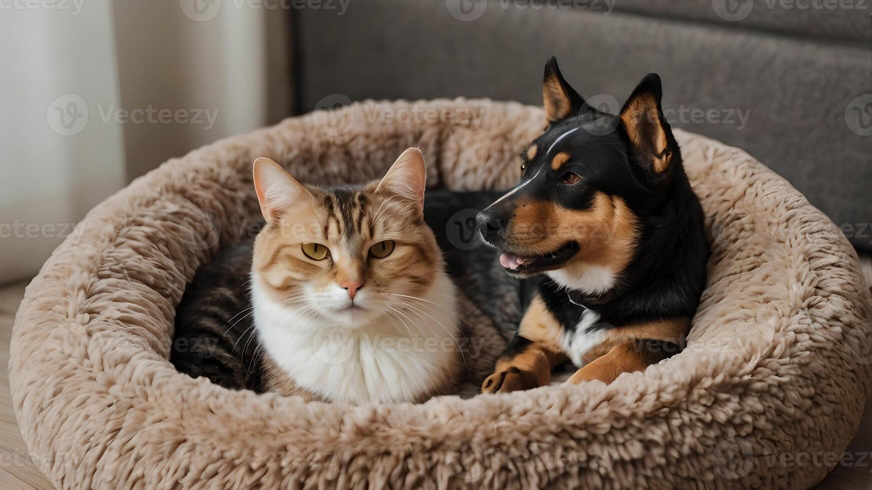 Cozy Cat and Dog Napping Together in Plush Pet Bed photo