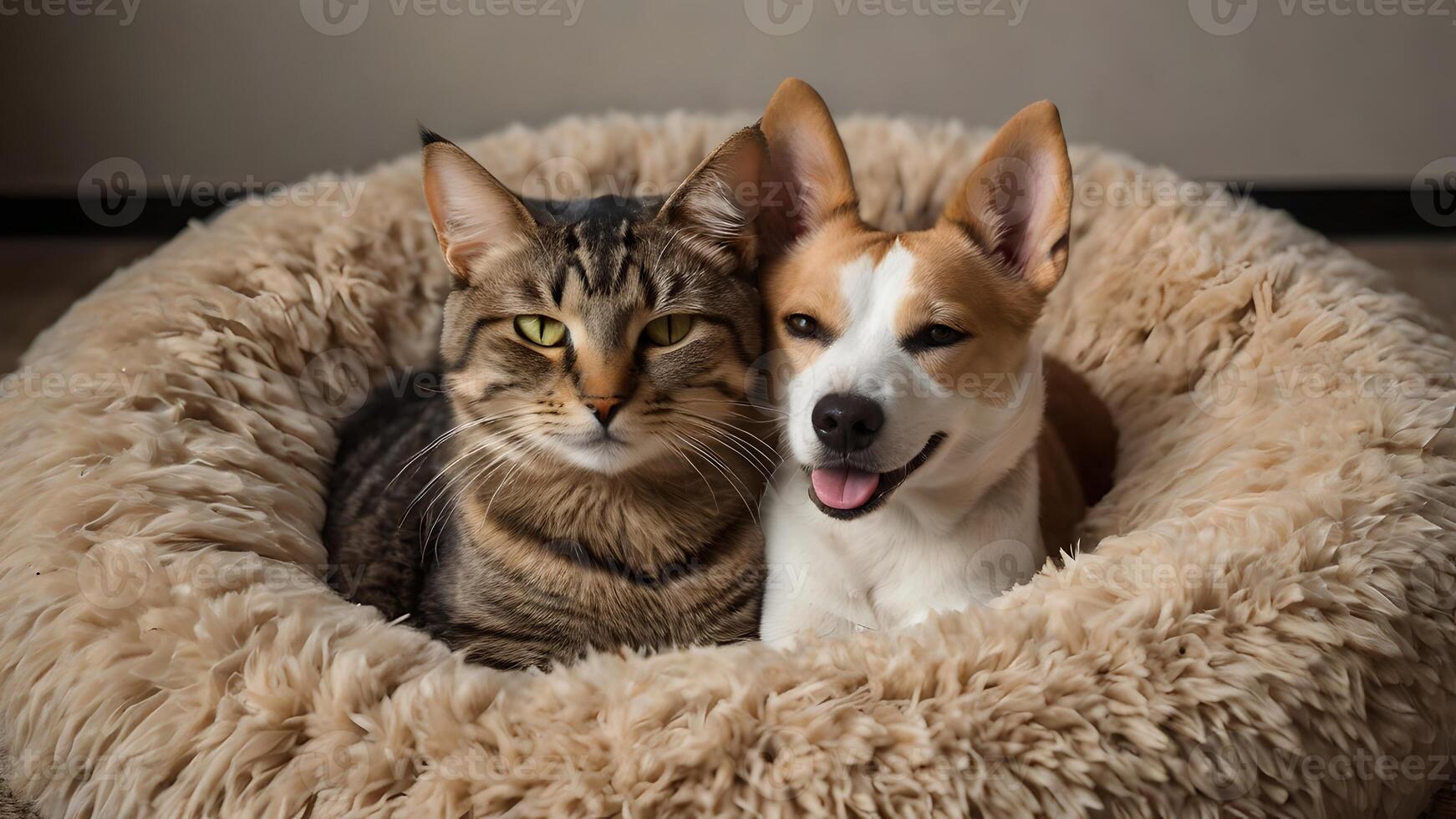 Happy Cat and Dog Snuggling in Cozy Pet Bed photo