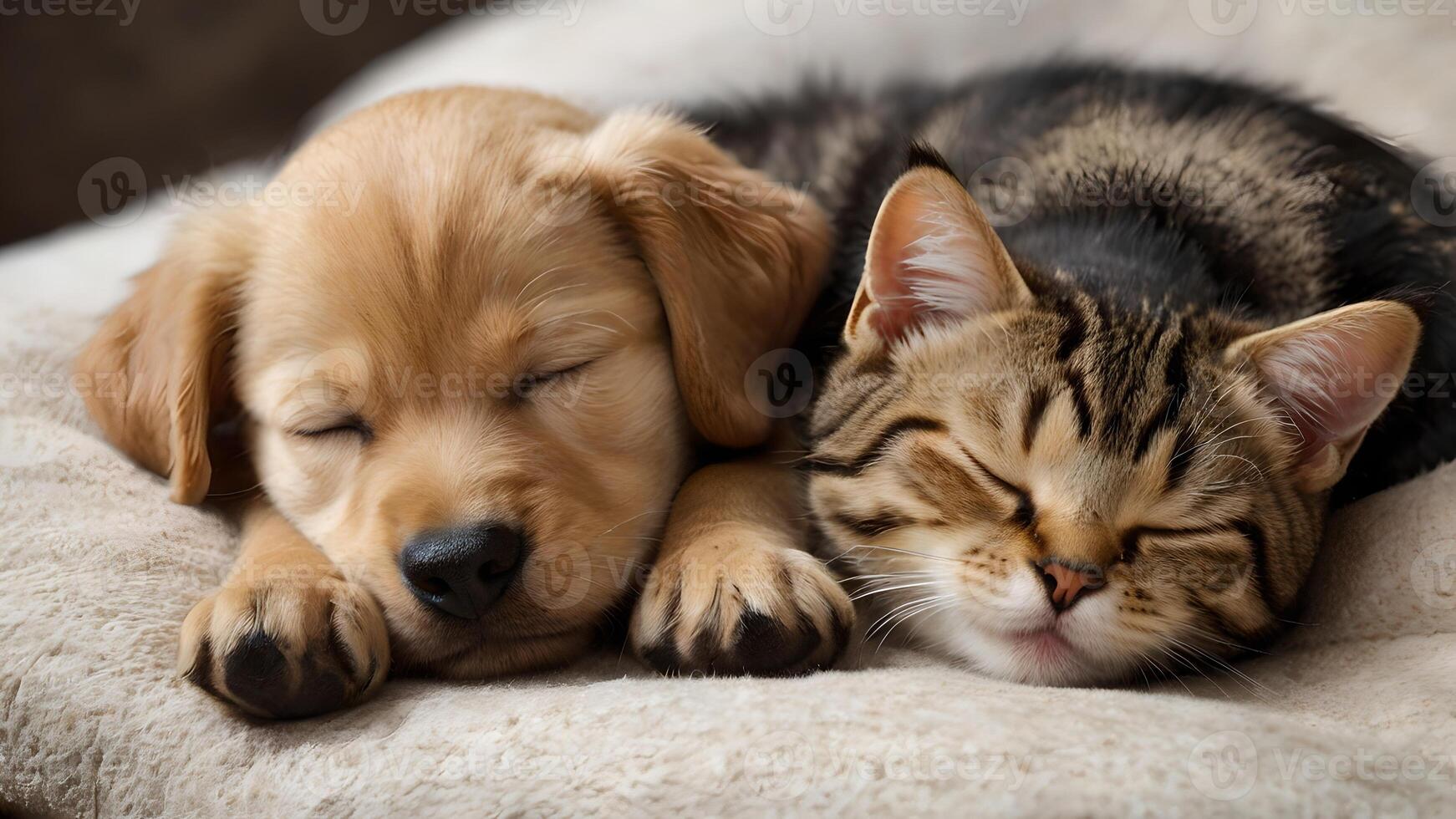 Adorable Puppy and Kitten Napping Together on Soft Blanket photo