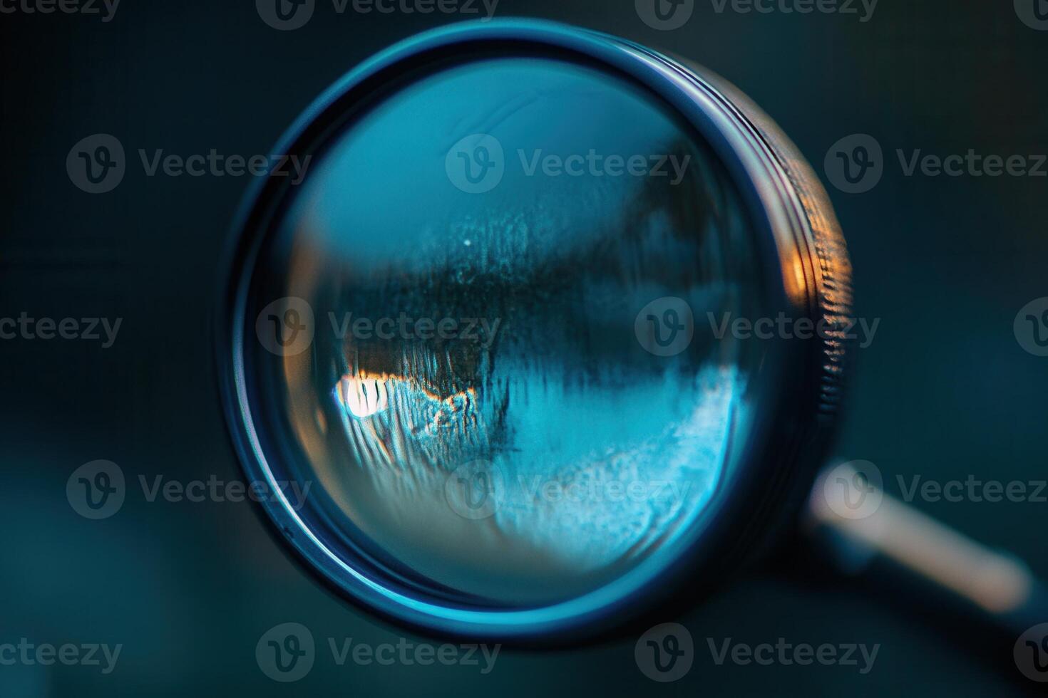 A magnifying glass is shown in front of a dark background photo